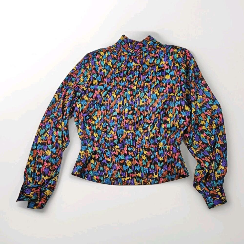 Vintage 80s Blouse Long Sleeve Colorful Geometric Pattern Button Size 12 Large